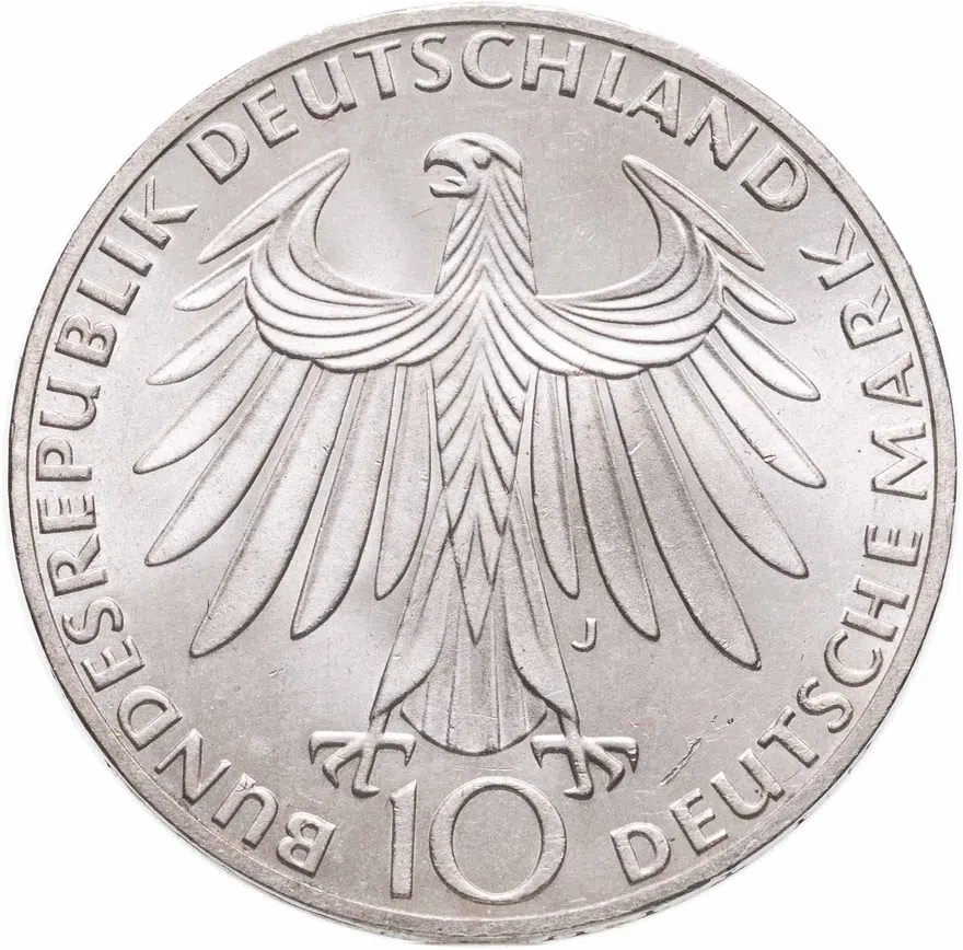 Германия 10 марок (mark) 1972 J XX летние Олимпийские Игры, Мюнхен 1972 - Спортсмены знак монетного двора: "J" - Гамбург