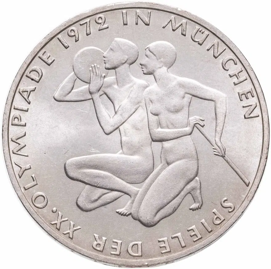 Германия 10 марок (mark) 1972 J XX летние Олимпийские Игры, Мюнхен 1972 - Спортсмены знак монетного двора: "J" - Гамбург, реверс