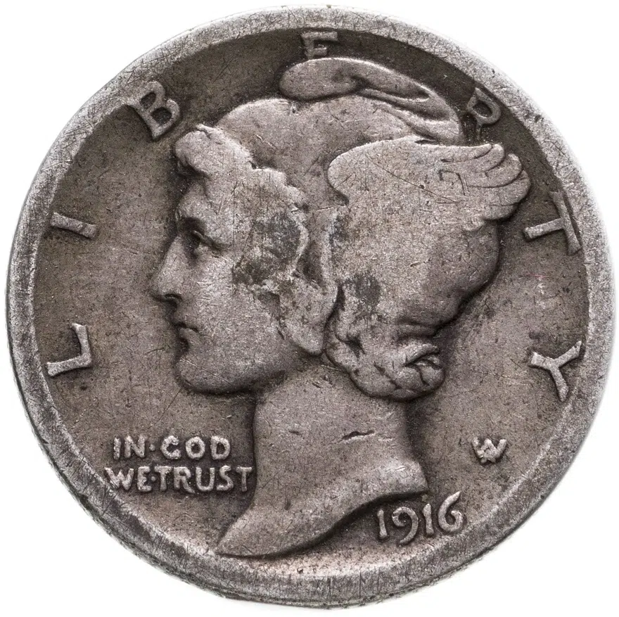 США 10 центов (дайм, one dime) 1916  Mercury Dime Без отметки монетного двора