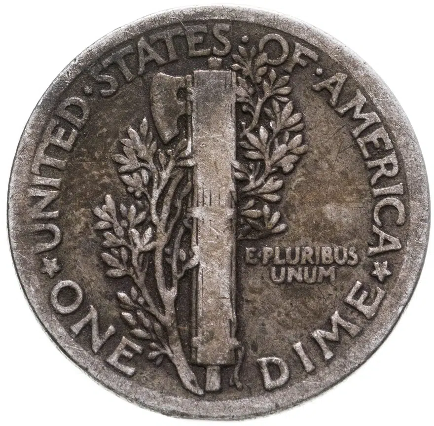 США 10 центов (дайм, one dime) 1916  Mercury Dime Без отметки монетного двора, реверс