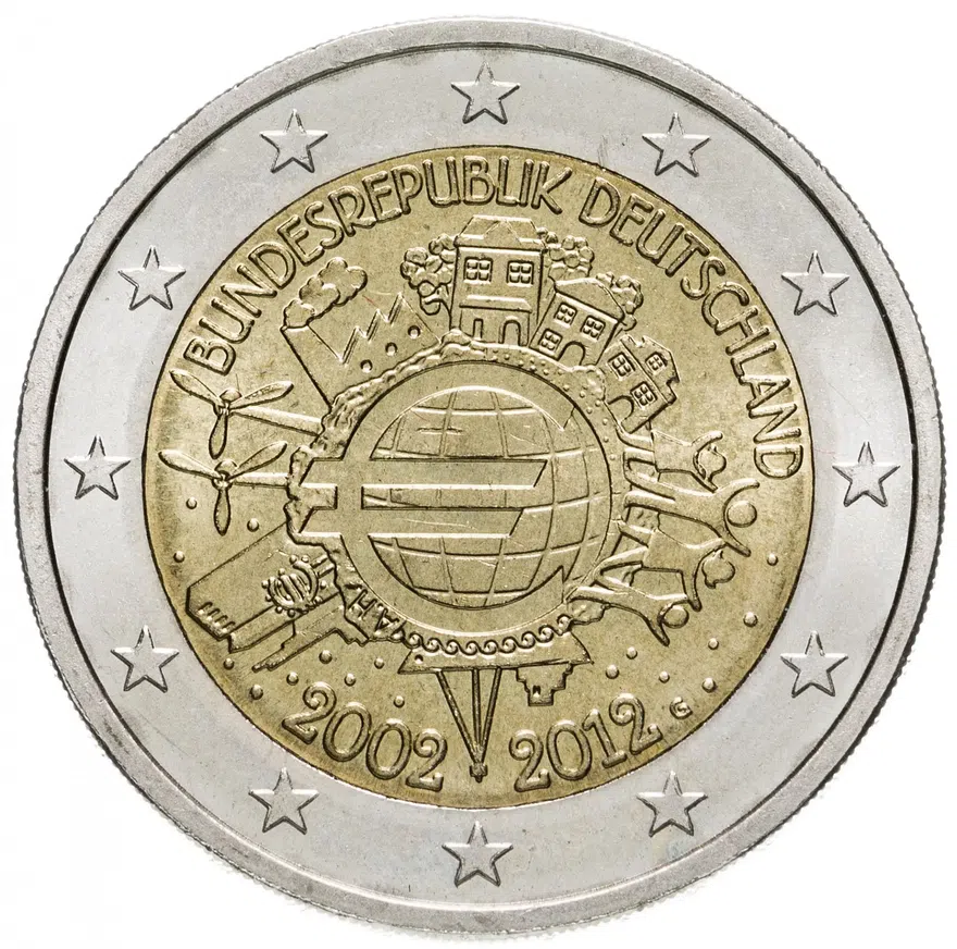 Германия 2 евро 2012 G "10 лет евро", аверс