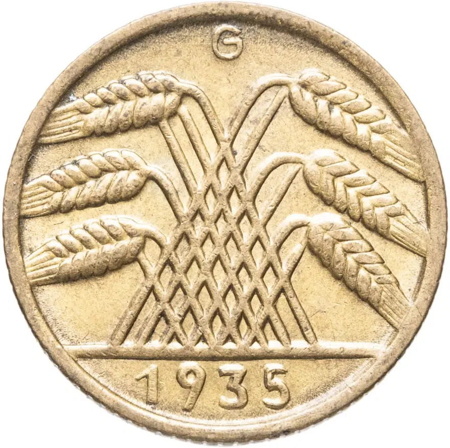 Германская, Третий рейх 10 рейхспфеннигов (reichspfennig) 1935, знак монетного двора "G" — Карлсруэ
