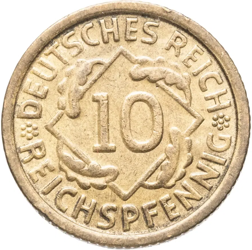 Германская, Третий рейх 10 рейхспфеннигов (reichspfennig) 1935, знак монетного двора "G" — Карлсруэ, реверс