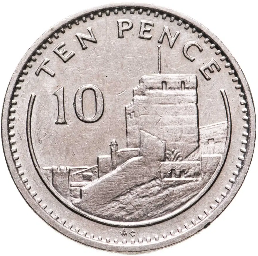 Гибралтар 10 пенсов (pence) 1990 отметка "AС" на реверсе