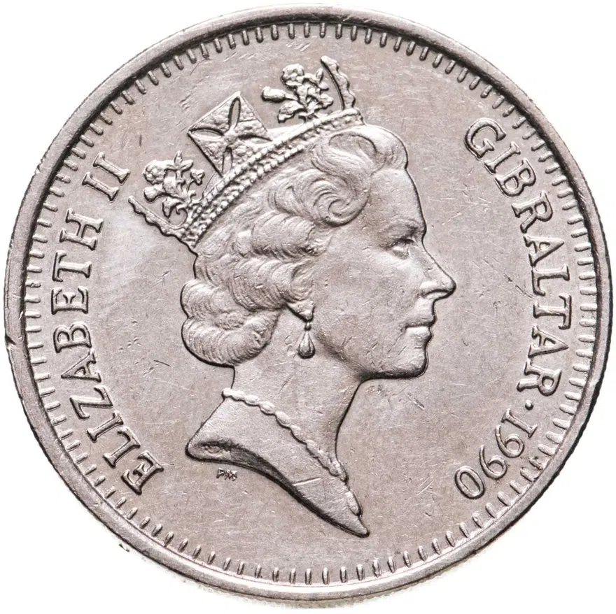 Гибралтар 10 пенсов (pence) 1990 отметка "AС" на реверсе, реверс