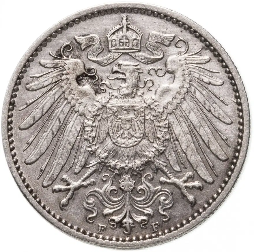 Германия 1 марка (mark) 1914 F  знак монетного двора: "F" - Штутгарт, реверс