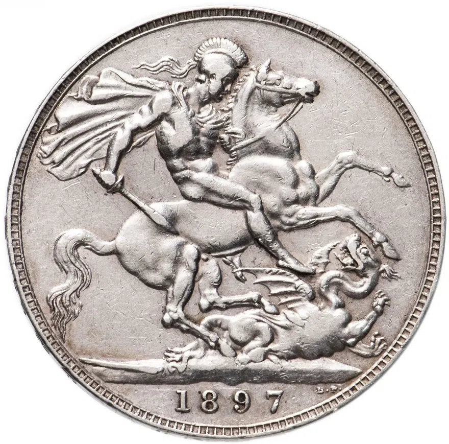 Великобритания 1 крона (crown) 1897  Дата на гурте LXI, реверс