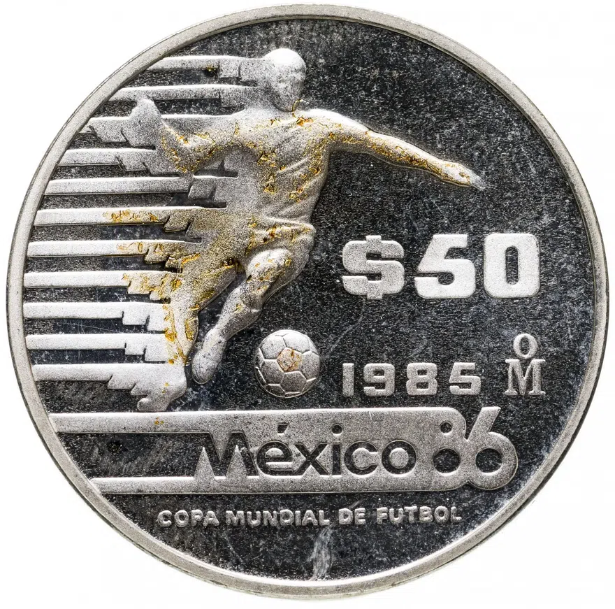 Мексика 50 песо (pesos) 1985 Чемпионат мира по футболу 1986 - Футболист с мячом