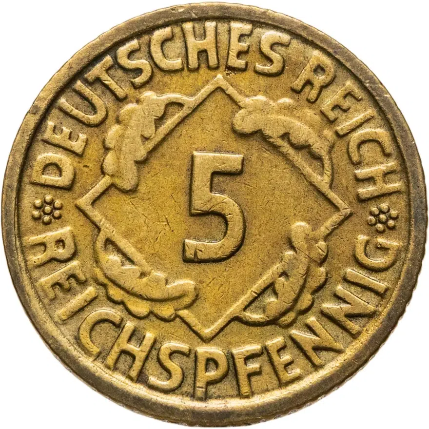 Германия 5 рейхспфеннигов (reichspfennig) 1935 E  знак монетного двора "E" — Мульденхюттен, реверс