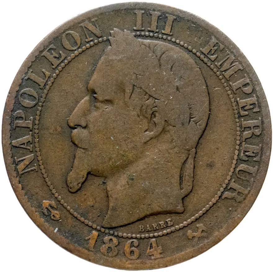 Франция 5 сантимов (centimes) 1864 K  знак монетного двора: "K" - Бордо, аверс