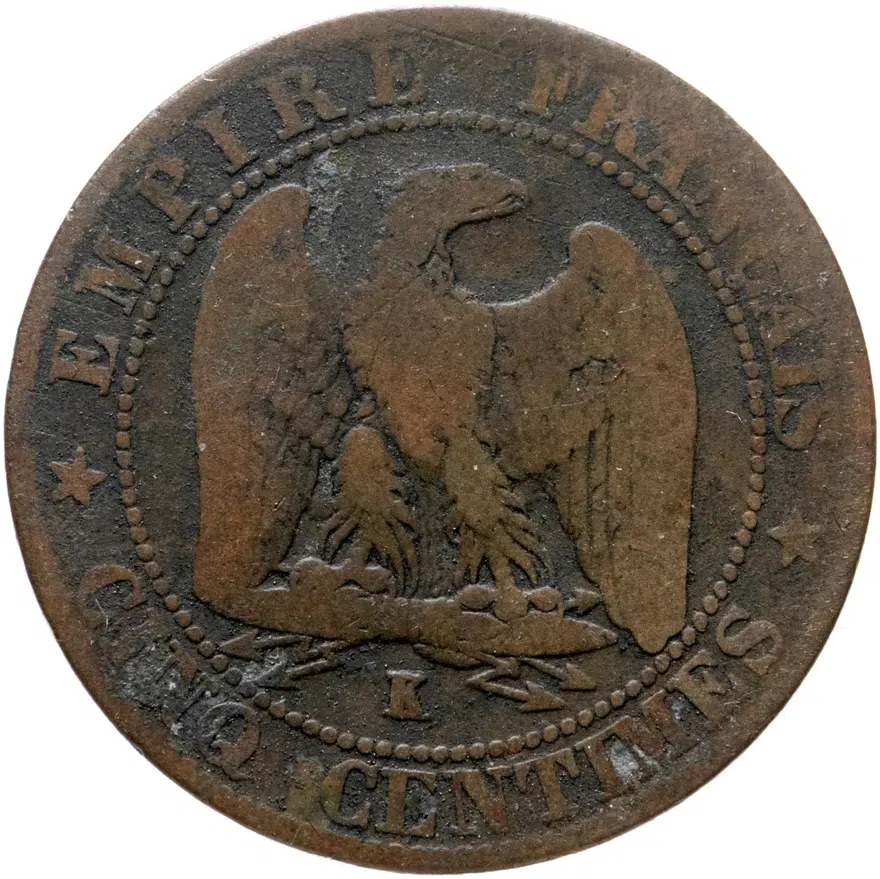 Франция 5 сантимов (centimes) 1864 K  знак монетного двора: "K" - Бордо, реверс