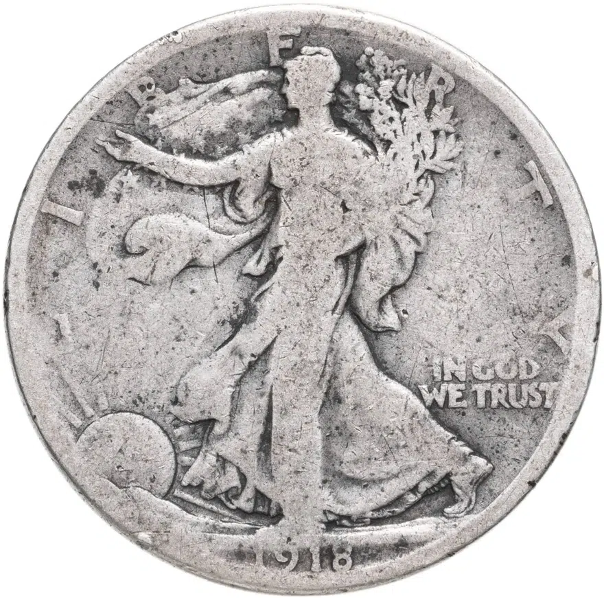 США 50 центов (1/2 доллара, half dollar) 1918  Walking Liberty Half Dollar Без отметки монетного двора