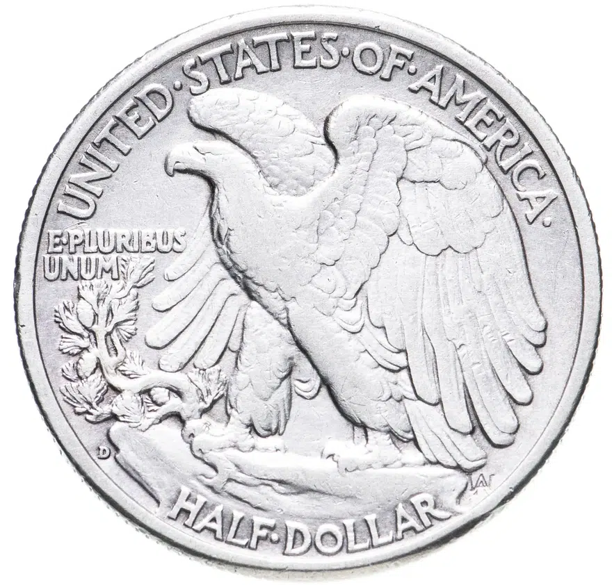 США 50 центов (1/2 доллара, half dollar) 1941 D Walking Liberty Half Dollar знак монетного двора: "D" - Денвер, реверс