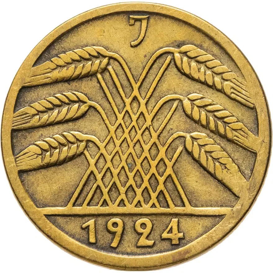 Германия 5 рентных пфеннигов (rentenpfennig) 1924 J  знак монетного двора "J" — Гамбург, аверс
