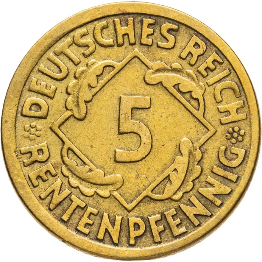 Германия 5 рентных пфеннигов (rentenpfennig) 1924 J  знак монетного двора "J" — Гамбург, реверс