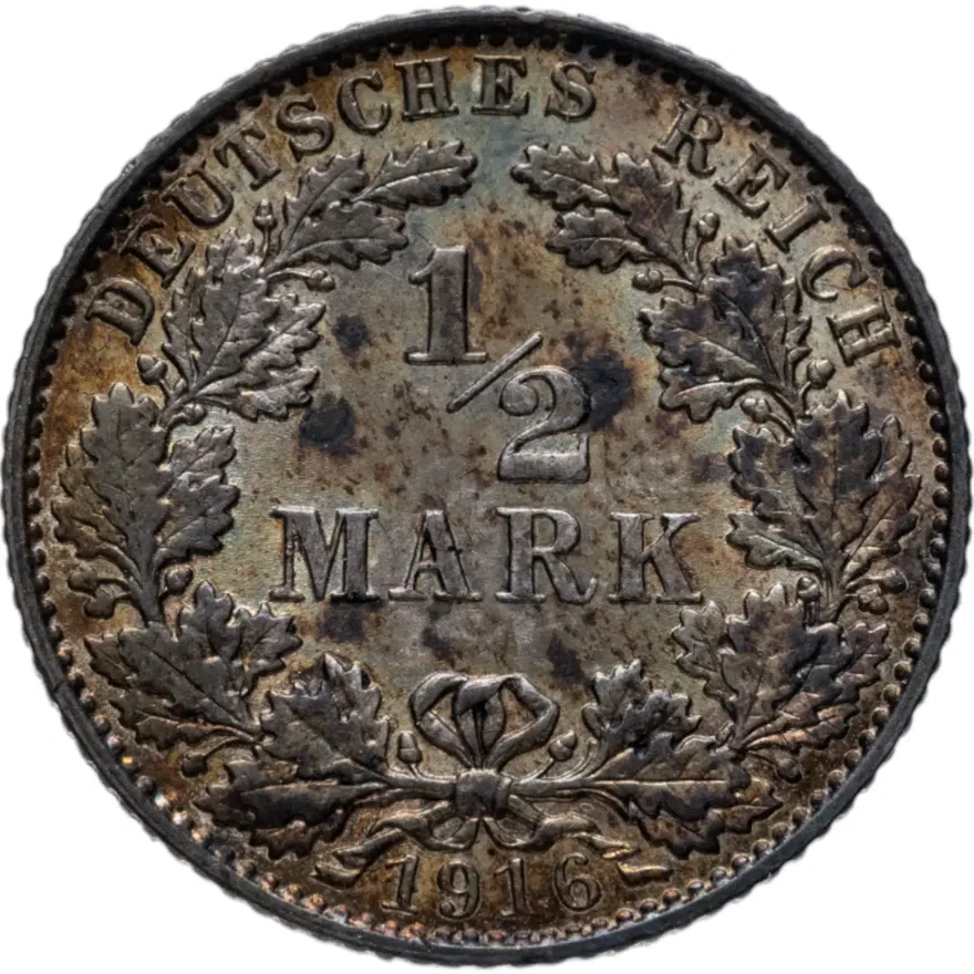 Германия 1/2 марки (mark) 1916 E знак монетного двора: "E" - Мульденхюттен, аверс