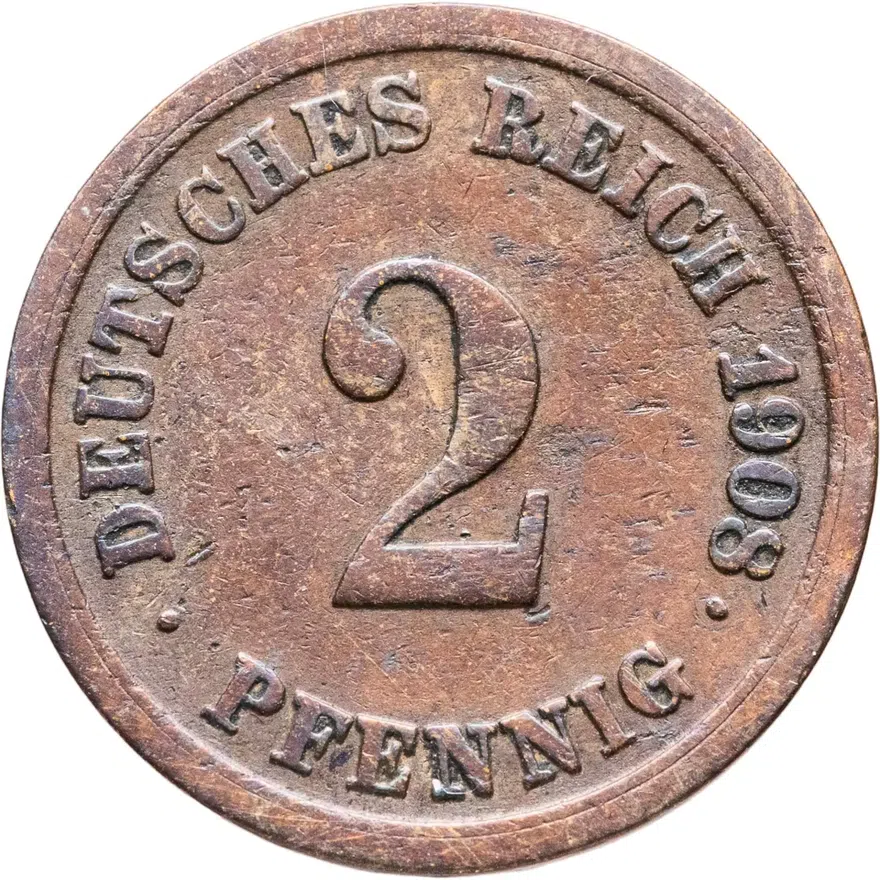 Германия 2 пфеннига (pfennig) 1908 F  знак монетного двора: "F" - Штутгарт, аверс