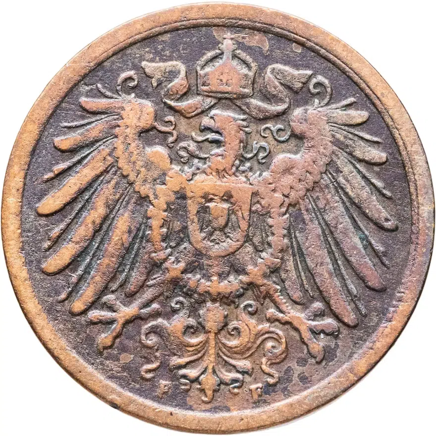 Германия 2 пфеннига (pfennig) 1908 F  знак монетного двора: "F" - Штутгарт, реверс