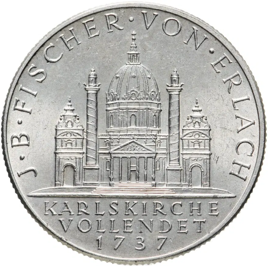 Австрия 2 шиллинга (shillings) 1937  200 лет со дня завершения строительства церкви Святого Карла