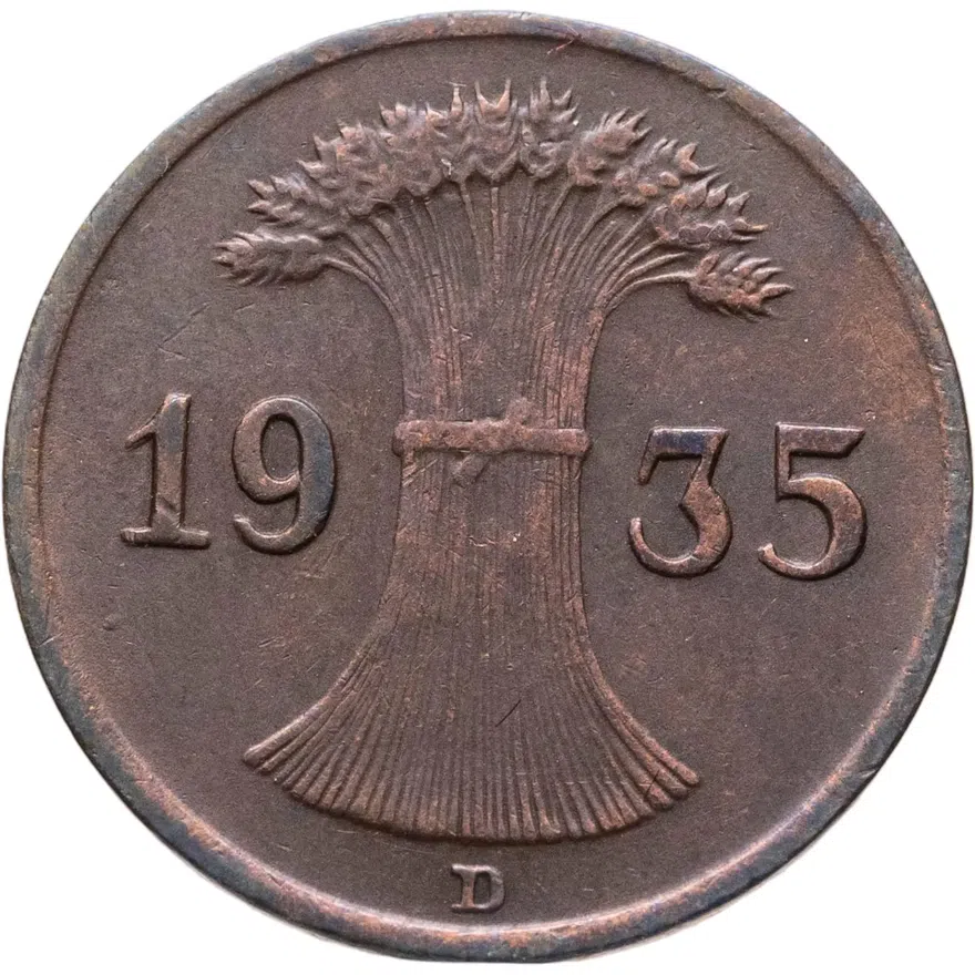 Германия 1 рейхспфенниг (reichspfennig) 1935 D  знак монетного двора "D" — Мюнхен, реверс