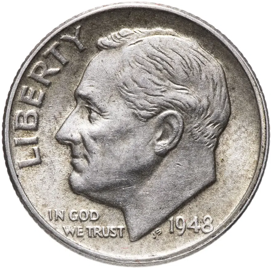 США 10 центов (дайм, one dime) 1948  Silver Roosevelt Dime (Рузвельт) без обозначения монетного двора