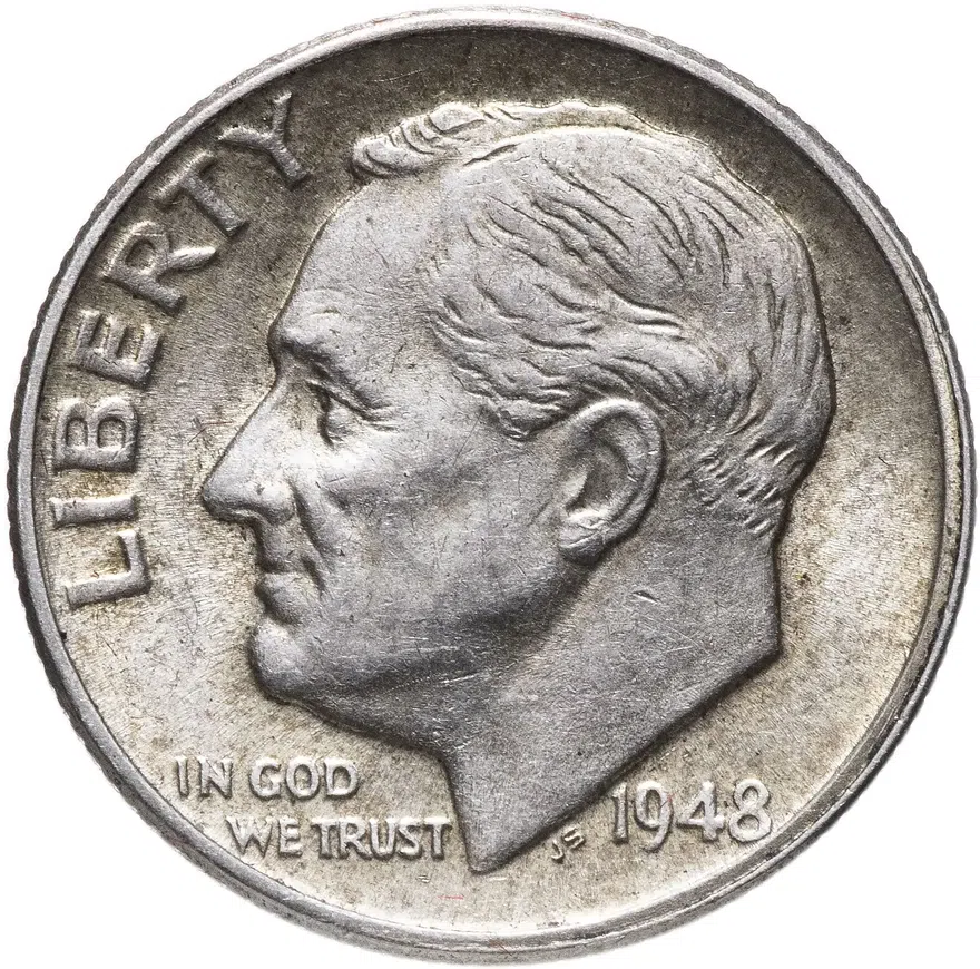 США 10 центов (дайм, one dime) 1948  Silver Roosevelt Dime (Рузвельт) без обозначения монетного двора, реверс