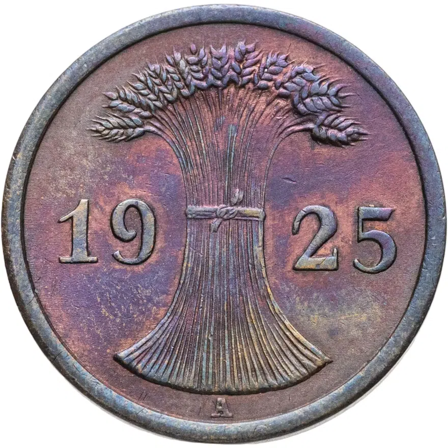 Германия 2 рейхспфеннига (reichspfennig) 1925 A  знак монетного двора "A" — Берлин, реверс