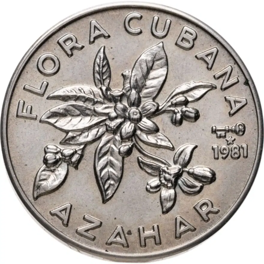 Куба 1 песо (peso) 1981  Флора Кубы - Флёрдоранж (Azahar), аверс