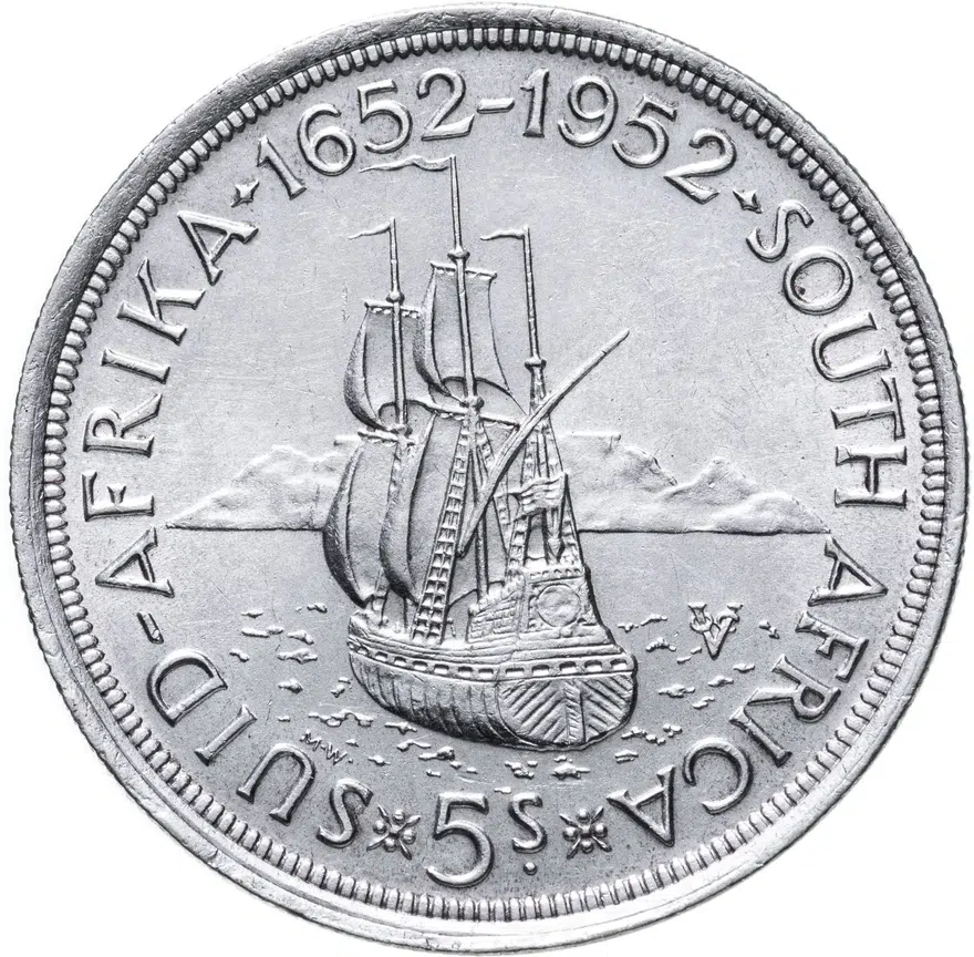 ЮАР 5 шиллингов (shillings) 1952  300 лет основанию Кейптауна, реверс