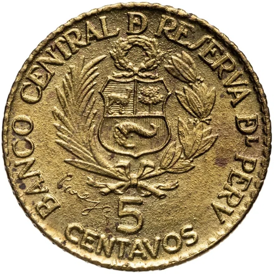 Перу 5 сентаво (centavos) 1965  400 лет открытию Монетного двора Лимы, реверс