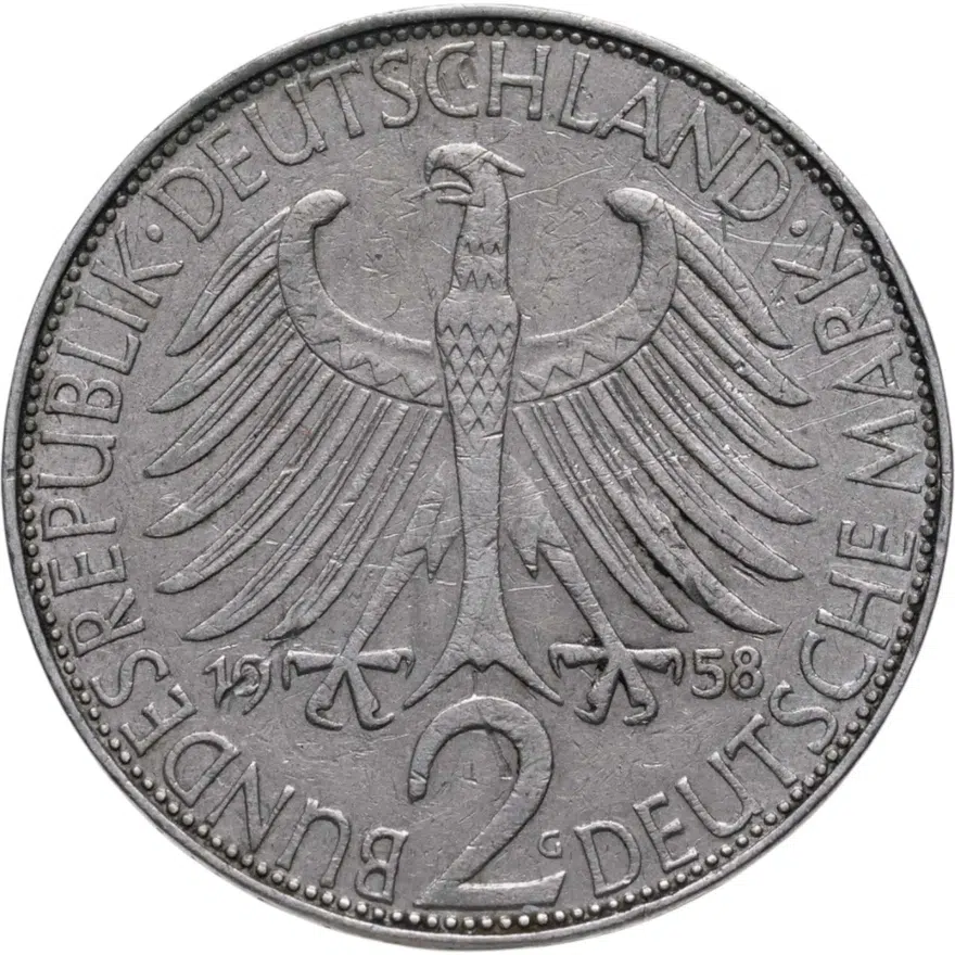 Германия (ФРГ) 2 марки 1958 Макс Планк знак монетного двора: "G" - Карлсруэ