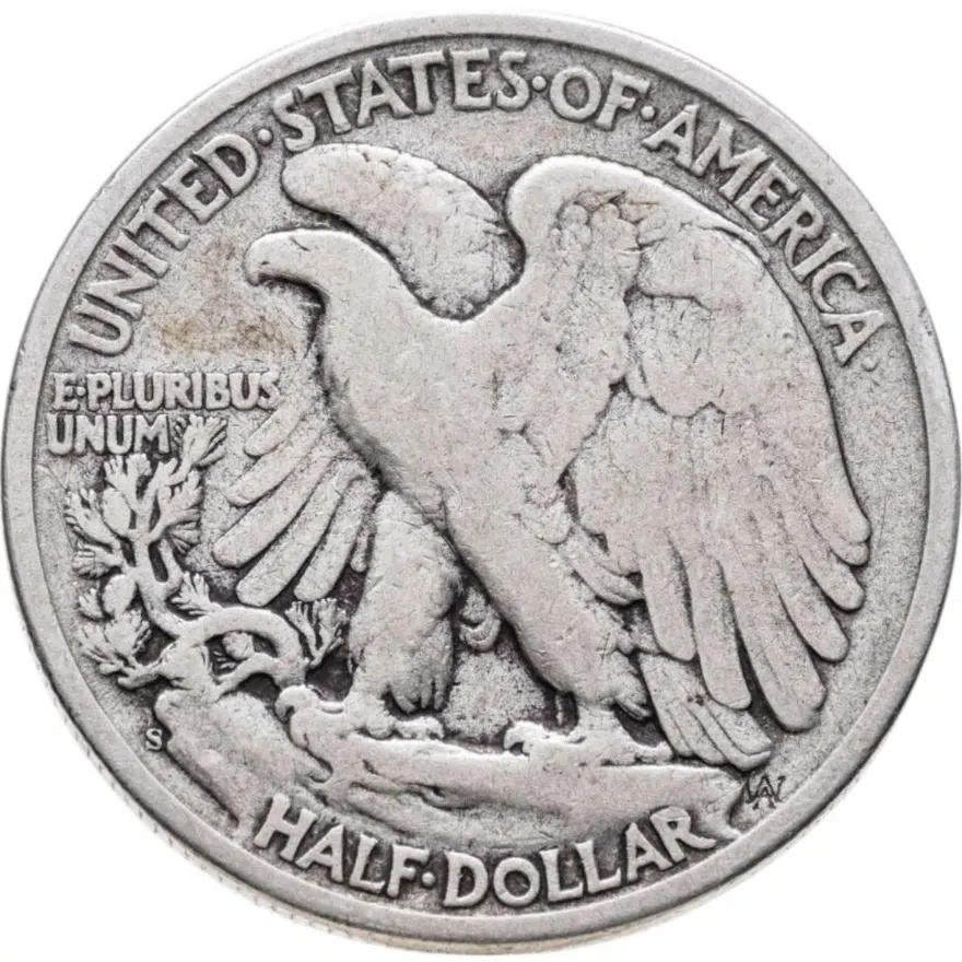 США 50 центов 1945 Walking Liberty Half Dollar знак монетного двора: "S" - Сан-Франциско, реверс