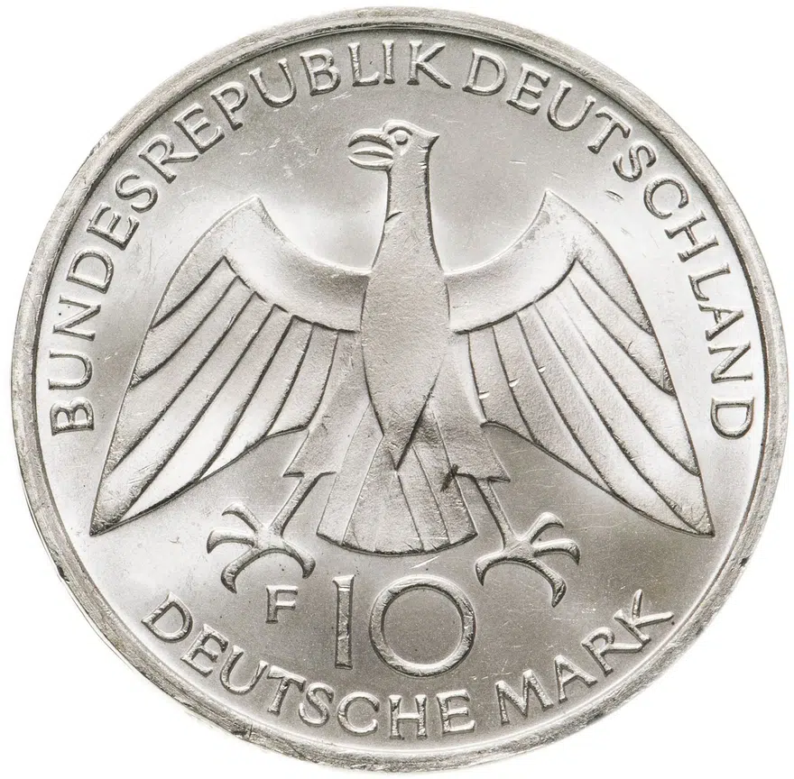 Германия 10 марок (mark) 1972 F XX летние Олимпийские Игры, Мюнхен 1972 - Узел знак монетного двора: "F" - Штутгарт