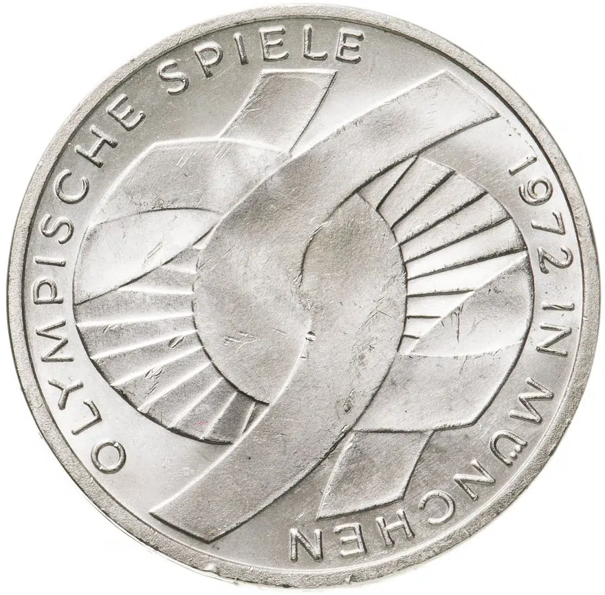 Германия 10 марок (mark) 1972 F XX летние Олимпийские Игры, Мюнхен 1972 - Узел знак монетного двора: "F" - Штутгарт, реверс