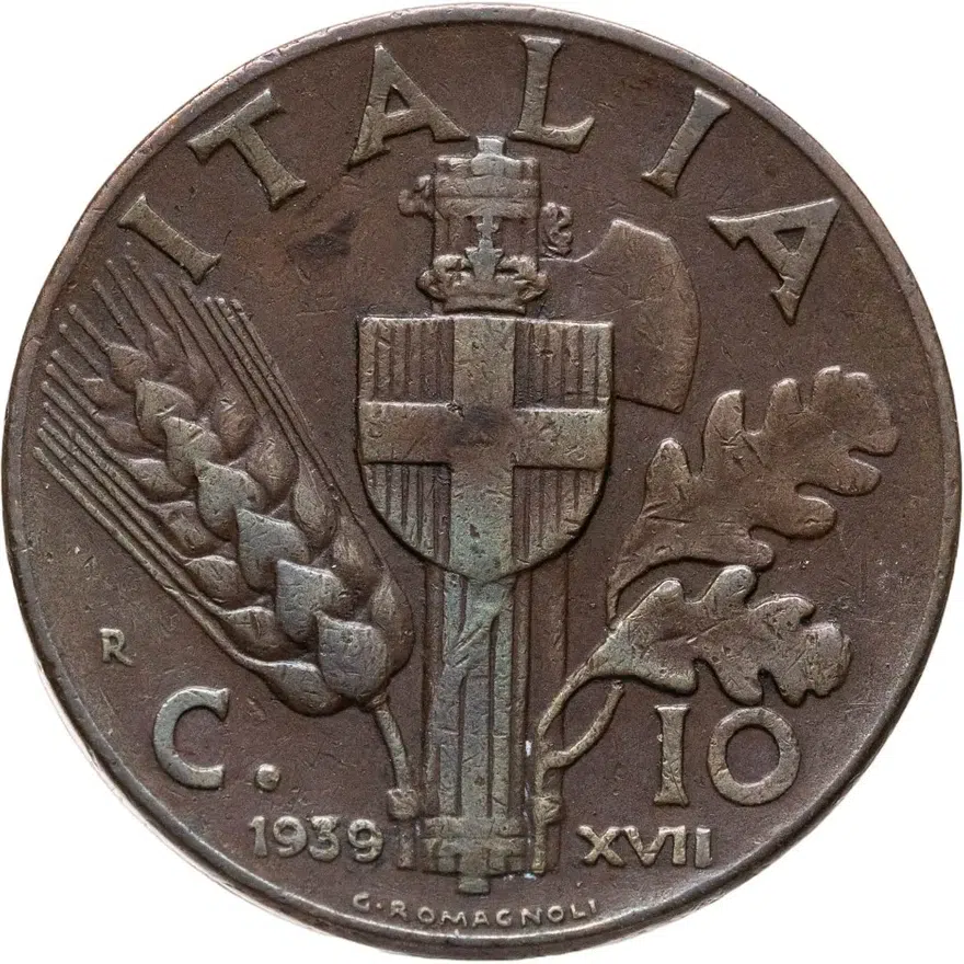 Италия 10 чентезимо (centesimi) 1939  Медь /красный цвет/, аверс