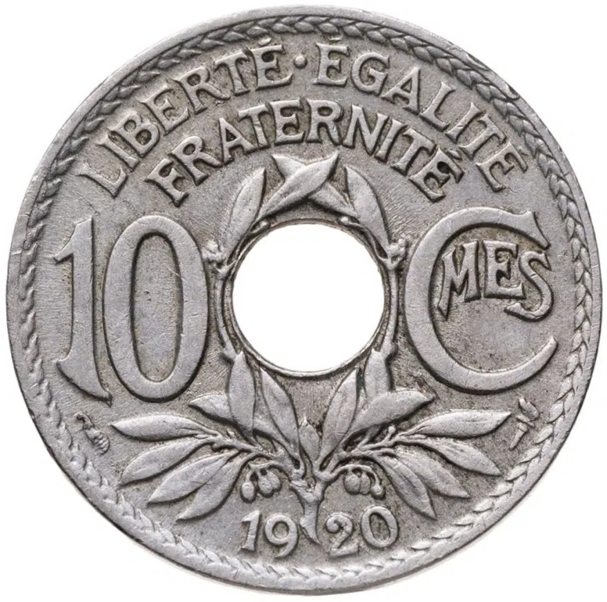 Франция 10 сантимов (centimes) 1920   отверстие в центре, аверс