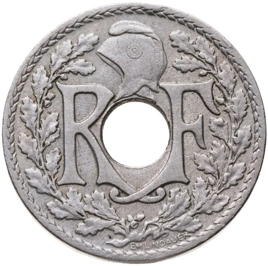 Франция 10 сантимов (centimes) 1920   отверстие в центре, реверс