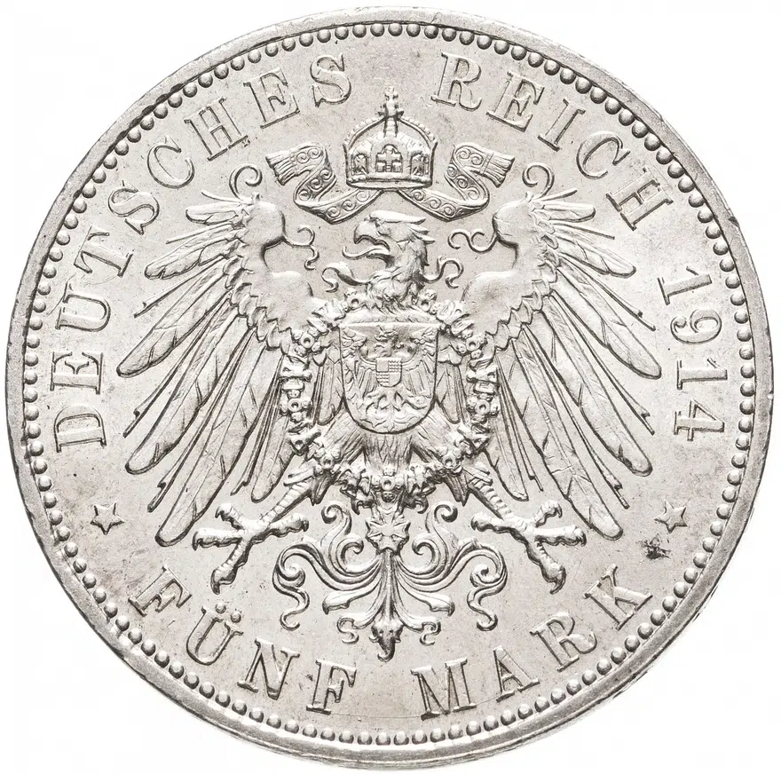 Германская Империя, Пруссия 5 марок 1914 A, реверс