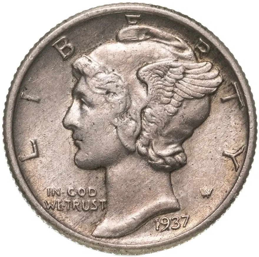 США 10 центов (дайм, one dime) 1937  Mercury Dime Без отметки монетного двора, реверс