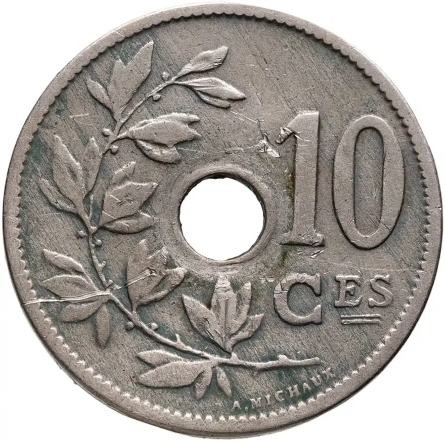 Бельгия 10 сантимов (centimes) 1904  Надпись на французском - 'BELGIQUE', реверс