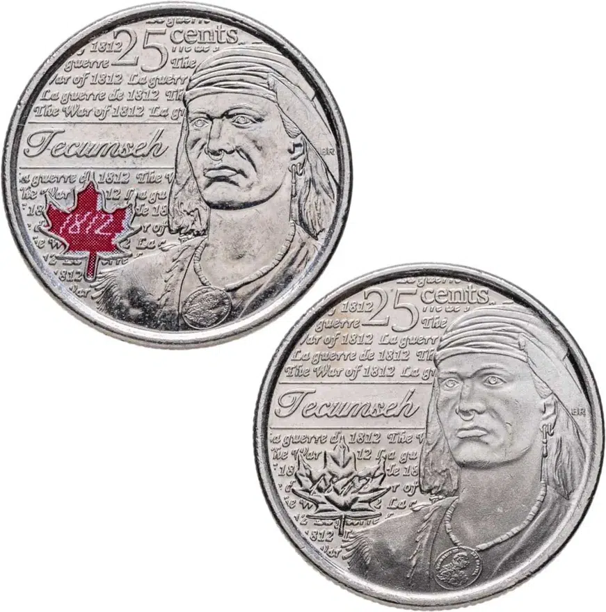 Канада 25 центов (cents) 2012 Война 1812 года - Вождь Шайенов Текумсе, обычное и цветное исполнение, реверс