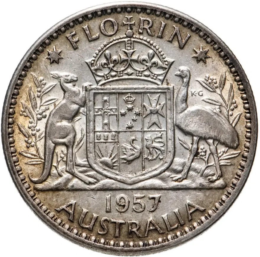 Австралия 2 шиллинга (флорин, shillings) 1957, аверс