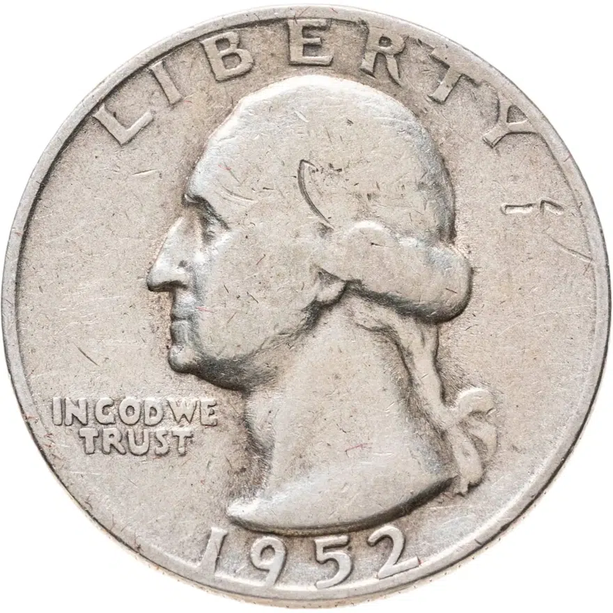 США 25 центов (квотер, 1/4 доллара, quarter dollar) 1952  Washington Quarter знак монетного двора: "S" - Сан-Франциско, аверс