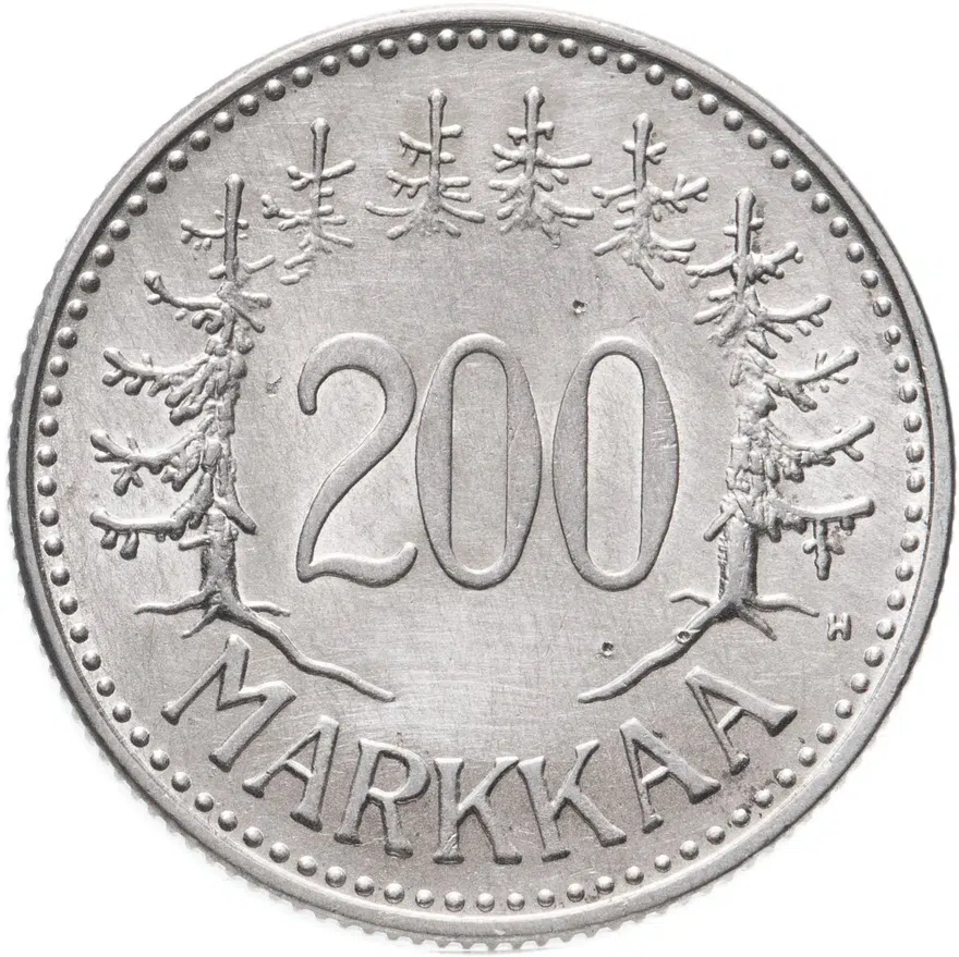 Финляндия 200 марок (markkaa) 1958   знак монетного двора 'H' - Peippo Uolevi Helle, аверс
