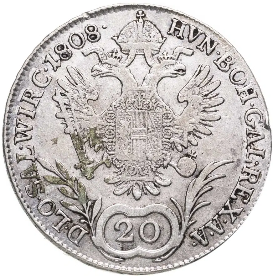 Австрия 20 крейцеров (kreuzer) 1808 A  знак монетного двора "A" - Вена, реверс
