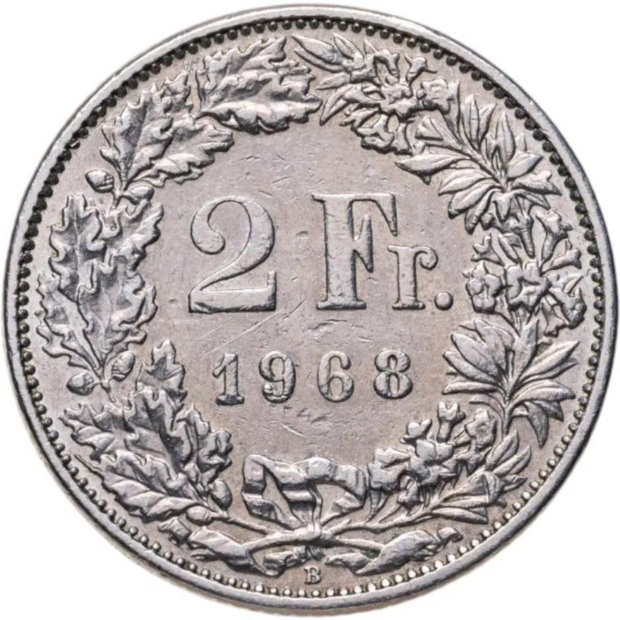 Швейцария 2 франка (francs) 1968 B  знак монетного двора: "B" - Берн, Швейцария (Berne), аверс