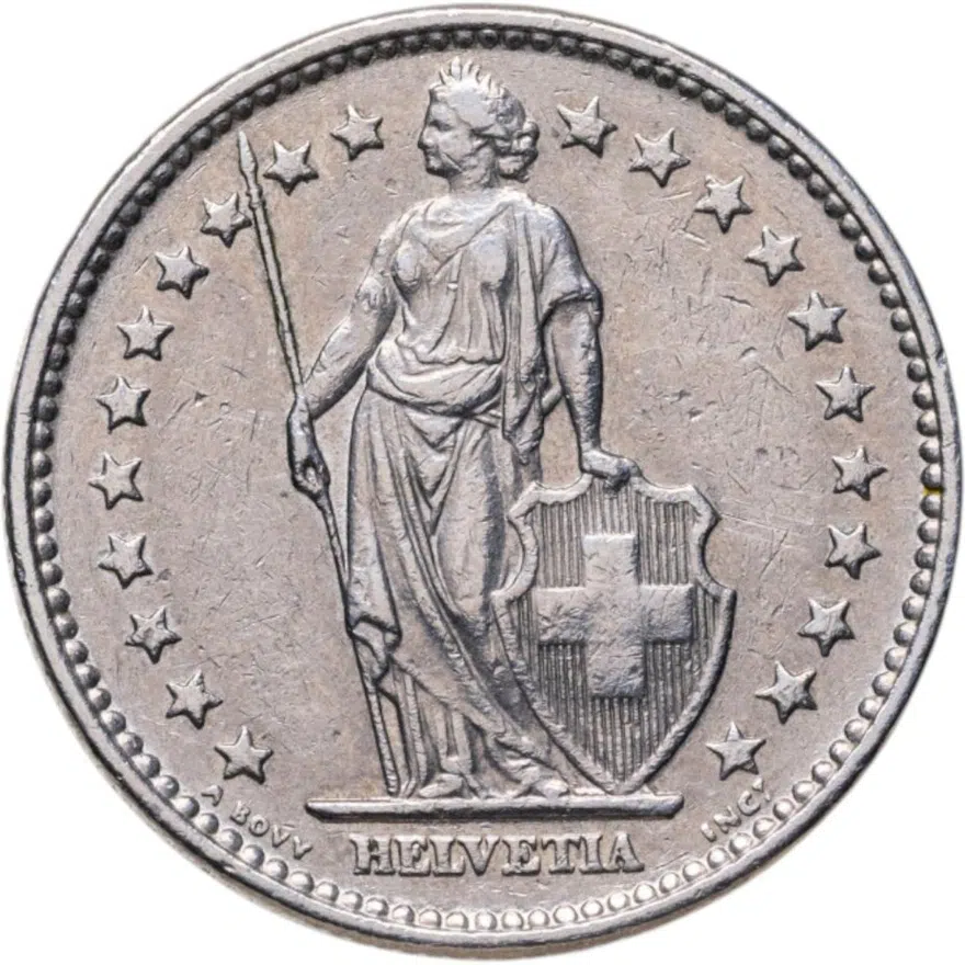Швейцария 2 франка (francs) 1968 B  знак монетного двора: "B" - Берн, Швейцария (Berne), реверс