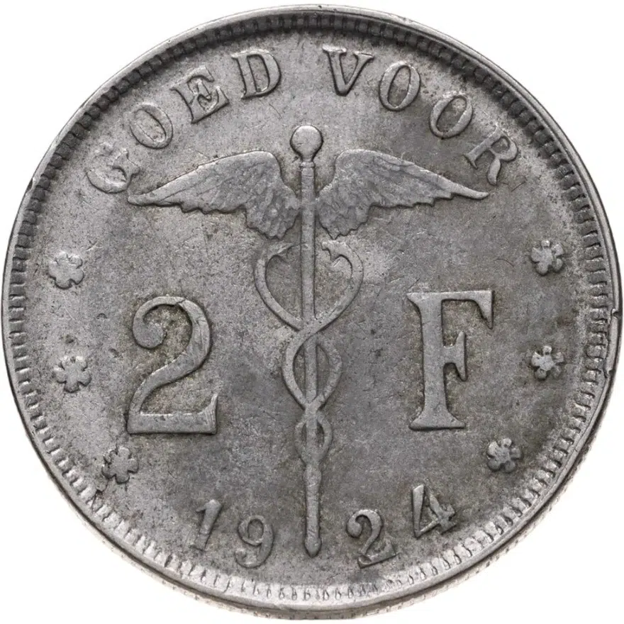 Бельгия 2 франка (francs) 1924  Надпись на голландском - 'BELGIË'