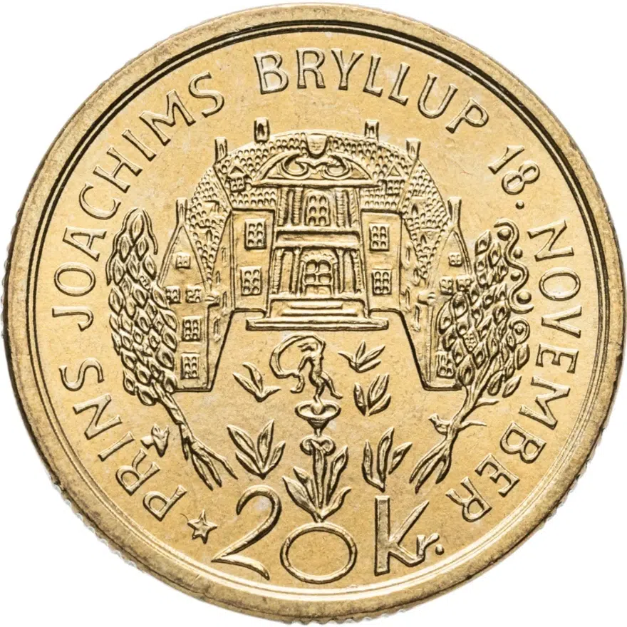Дания 20 крон (kroner) 1995   "Свадьба Принца Иоахима", реверс