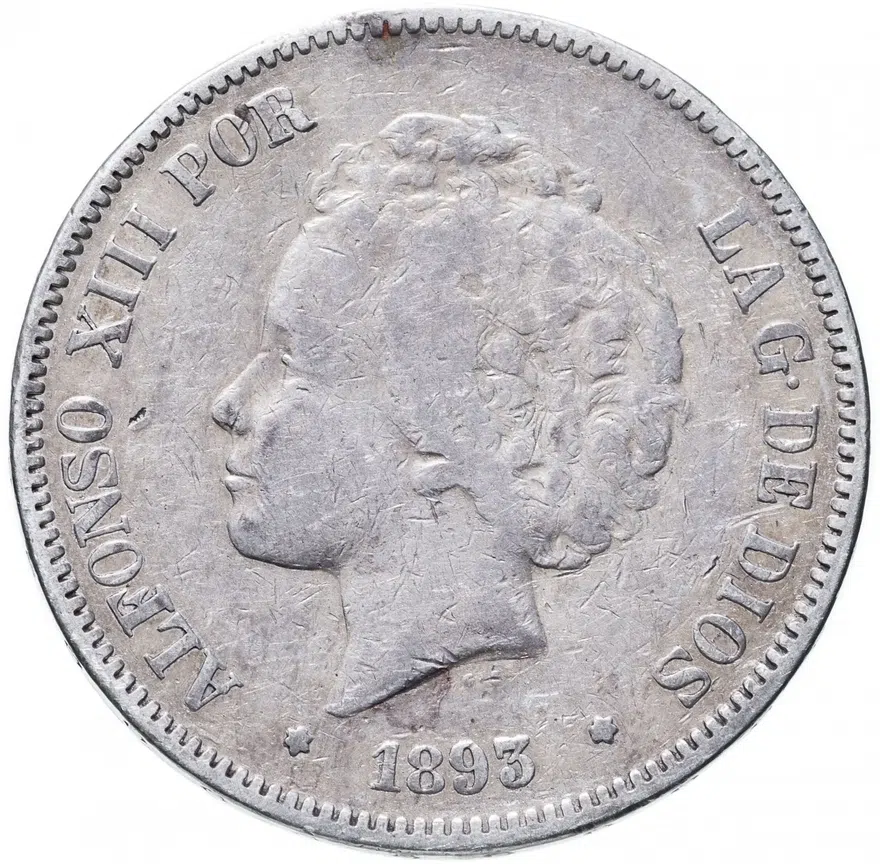 Испания 5 песет (pesetas) 1893  Буквы PG и L на реверсе, аверс